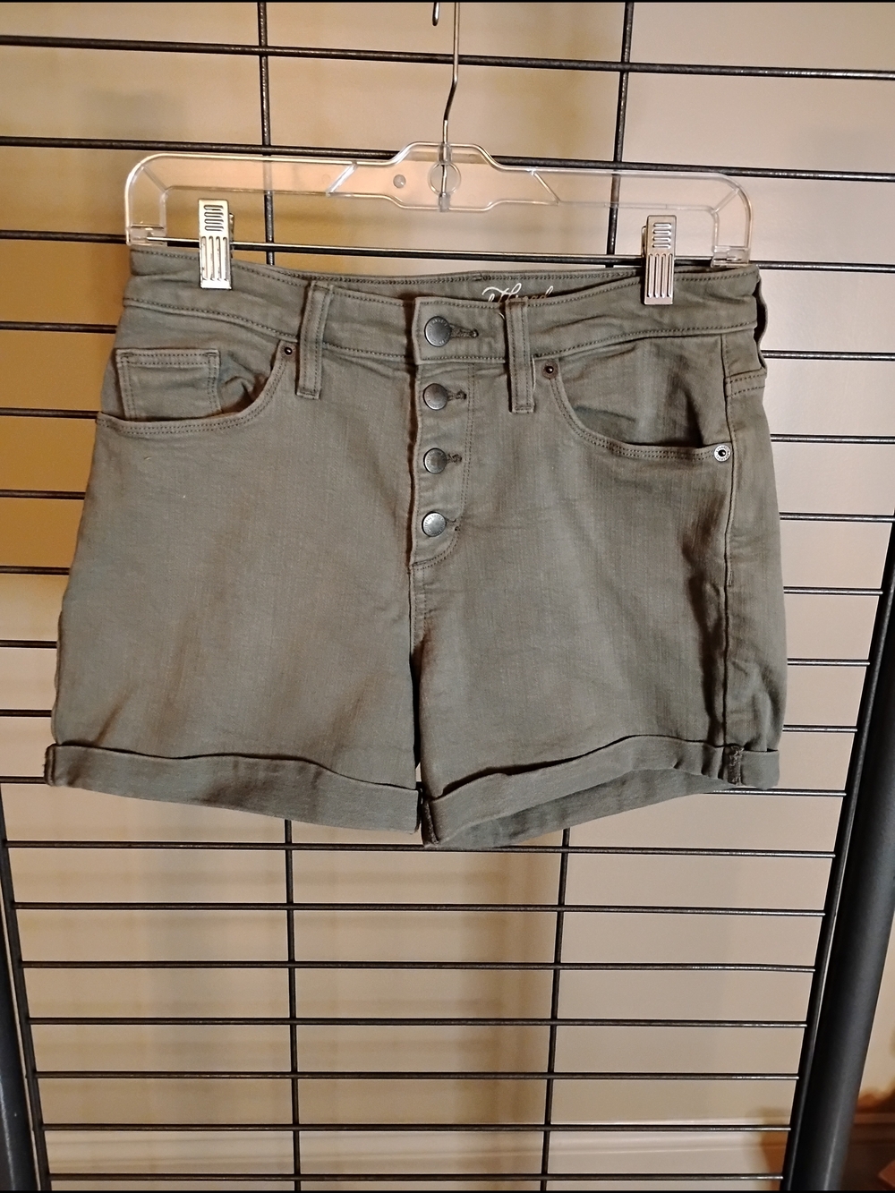 High-Rise Button-Front Olive Jean Shorts‎